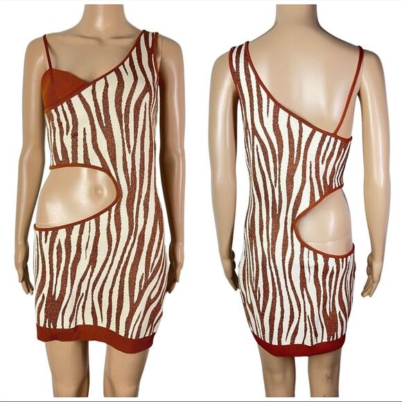 Retrofete Dimi Metallic Zebra Print Mini Cut Out Sexy Bodycon Dress - Picture 1 of 13